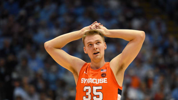 Syracuse Orange guard Buddy Boeheim (35) reacts in the second half at Dean E. Smith Center.